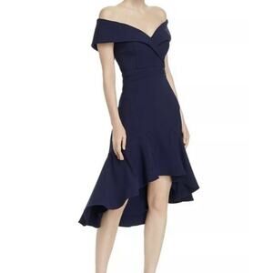 Aqua Navy Crepe Off the Shoulder Dress Special Occasion Navy Blue 6
